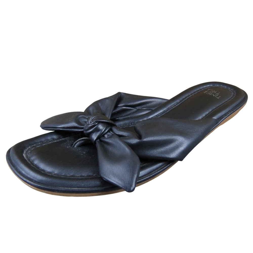 Time and Tru Black Faux Leather Bow Thong Sandals Flip Flops Women's Size 8 Wide